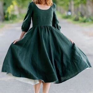 Son De Flor Carmen Forrest green linen dress size Small